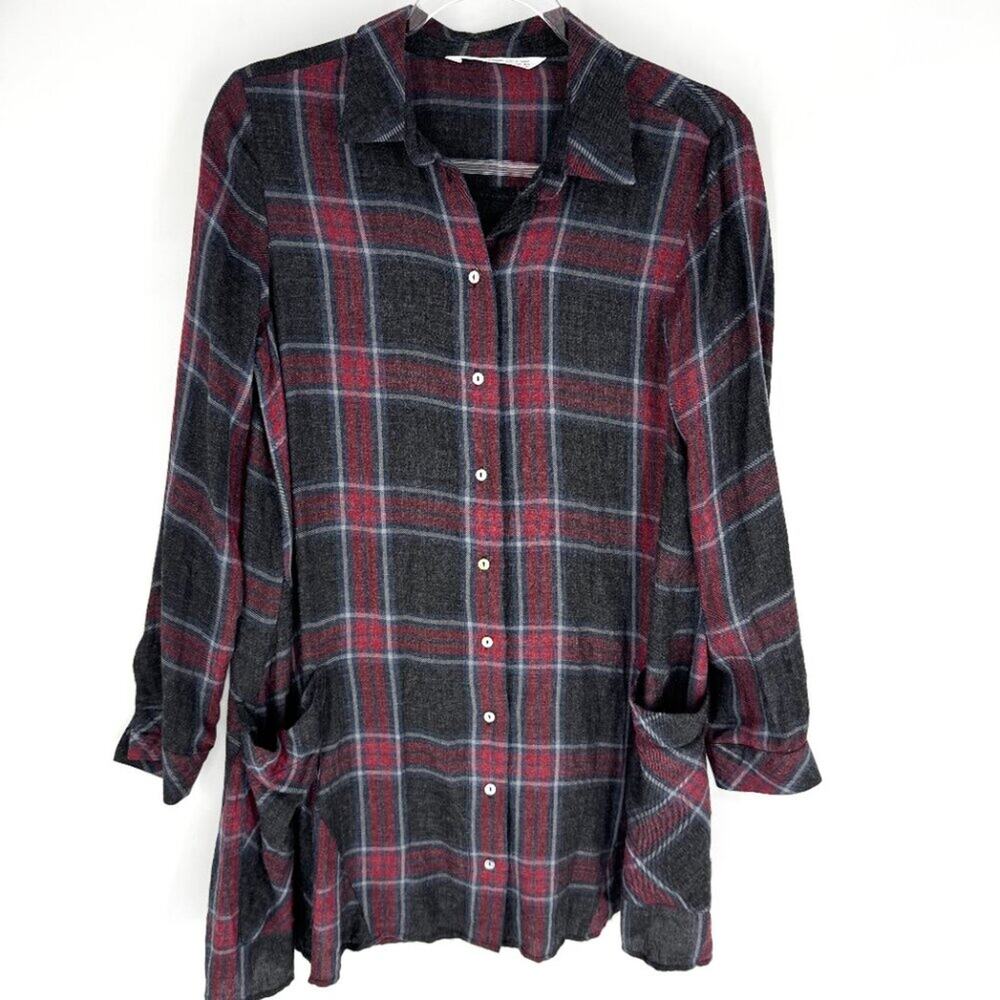 Zara Plaid Long Sleeve Mini Shirt Dress Red Gray Size S - Picture 2 of 8